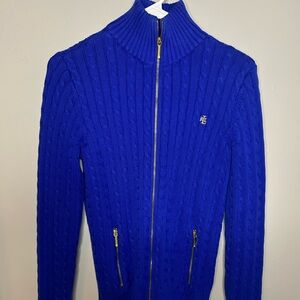 LAUREN RALPH LAUREN Sz M 100% Cotton Blue Gold Zip Up Cardigan Slim Fit Luxury